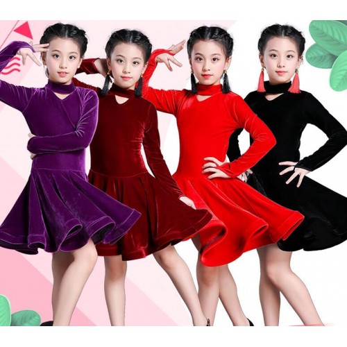 Children girl wine velvet latin dresses Gymnastics Dancewear Competition Dancing Costume Child ballroom Dance Dress For Girls